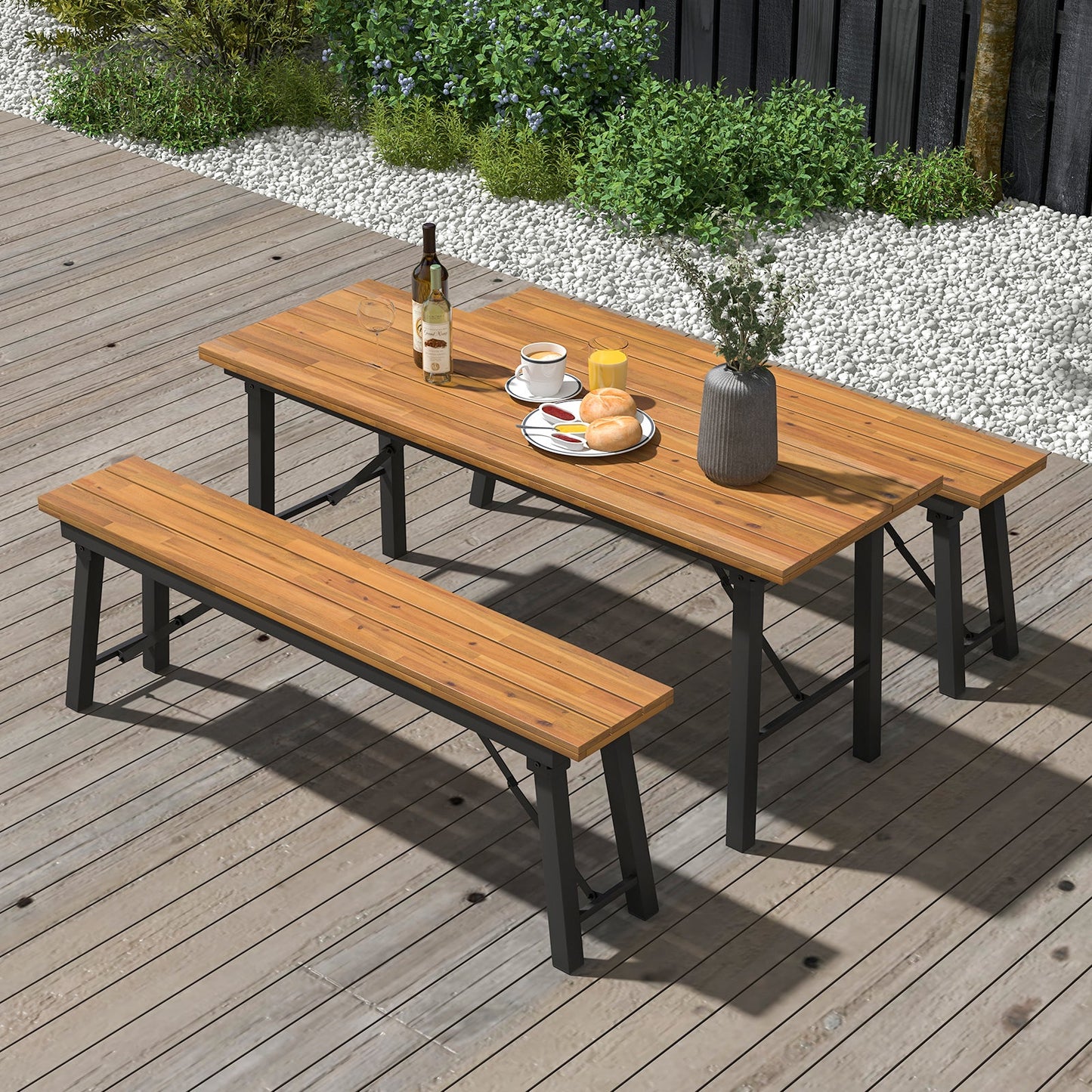 Mesa de comedor y banco para exterior con parte superior de madera de acacia para patio, jardín, piscina