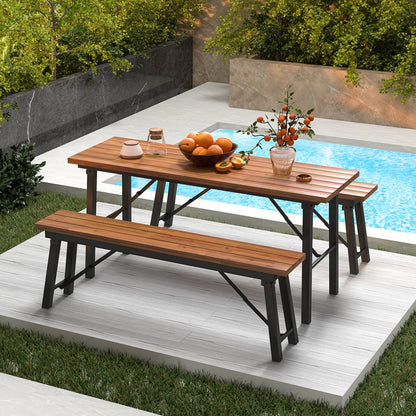 Mesa de comedor y banco para exterior con parte superior de madera de acacia para patio, jardín, piscina