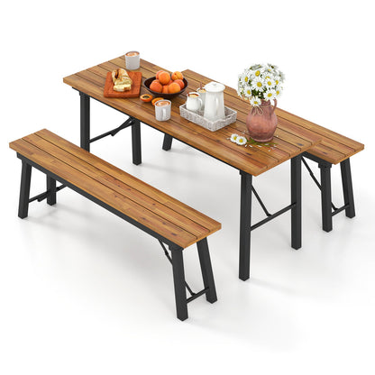 Mesa de comedor y banco para exterior con parte superior de madera de acacia para patio, jardín, piscina