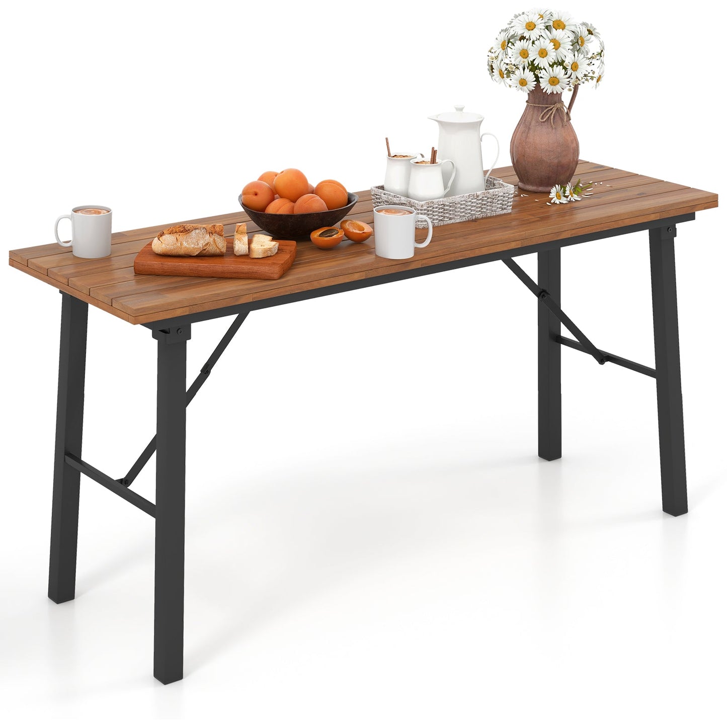 Mesa de comedor y banco para exterior con parte superior de madera de acacia para patio, jardín, piscina
