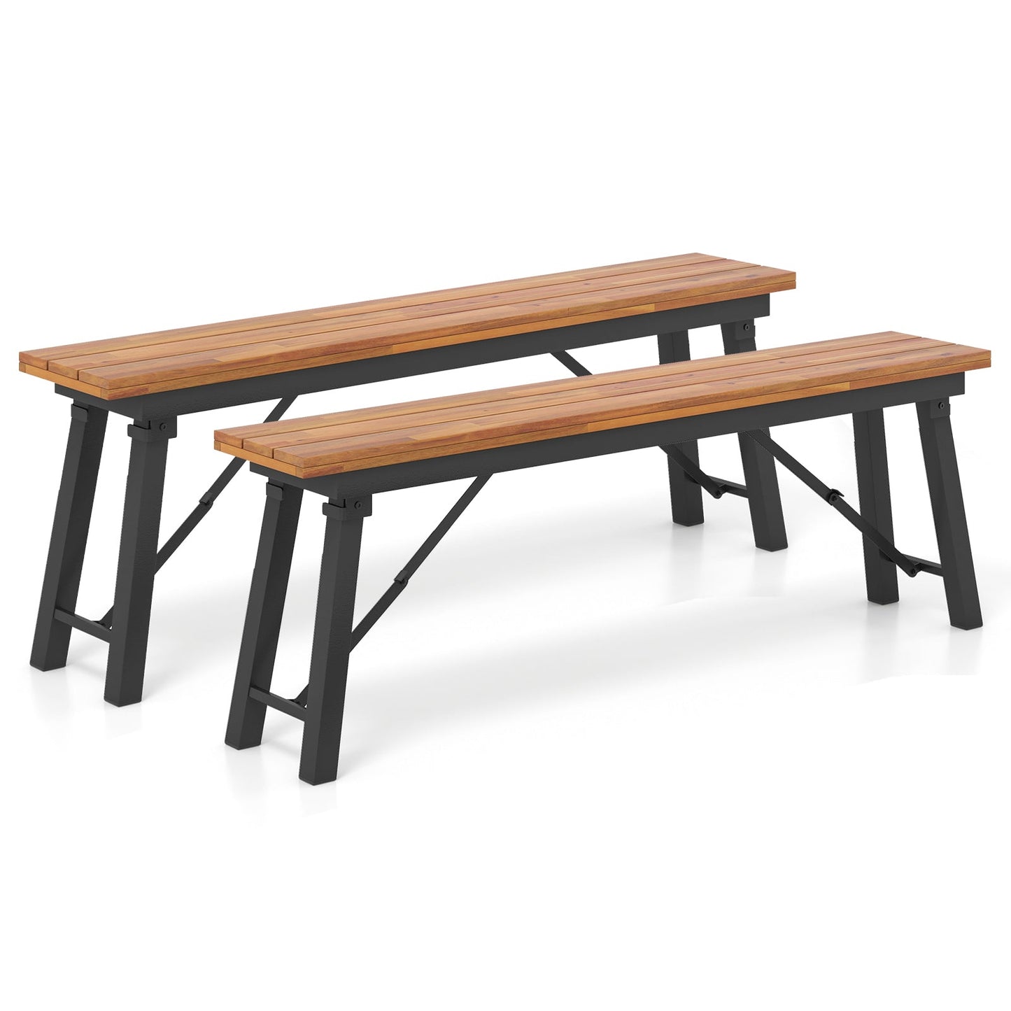 Mesa de comedor y banco para exterior con parte superior de madera de acacia para patio, jardín, piscina