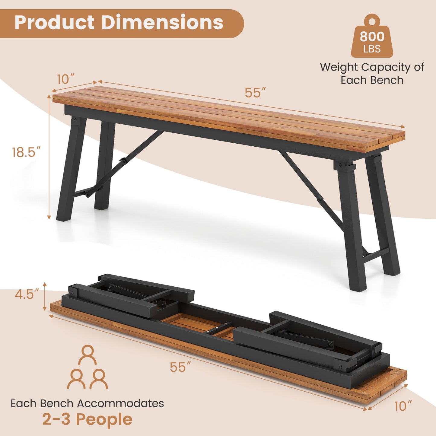 Mesa de comedor y banco para exterior con parte superior de madera de acacia para patio, jardín, piscina
