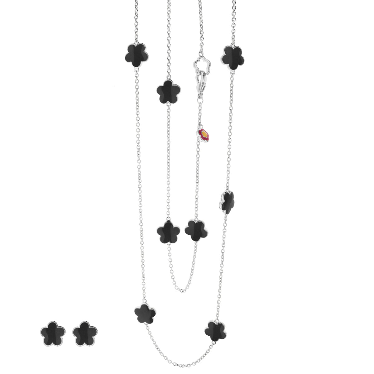 Black enamel daisy love necklace & earrings set by Lauren G Adams, layered silver chains on Tampa Home & Garden Store