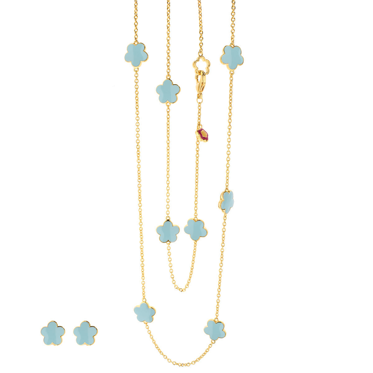 Black Enamel Daisy Love necklace & earrings set with blue daisies on gold chains on Tampa Home & Garden Store