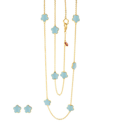 Black Enamel Daisy Love necklace & earrings set with blue daisies on gold chains on Tampa Home & Garden Store