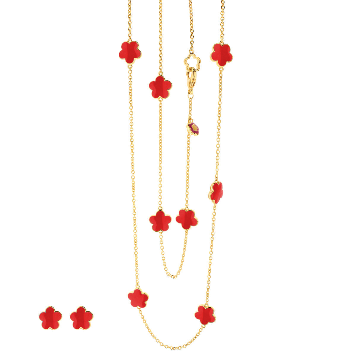 Black Enamel Daisy Love Necklace & Earrings Set by Lauren G Adams, gold chains with red daisies on Tampa Home & Garden Store