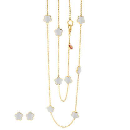 Black enamel Daisy Love necklace and earrings set with gold-tone chains and white flower charms on Tampa Home & Garden Store