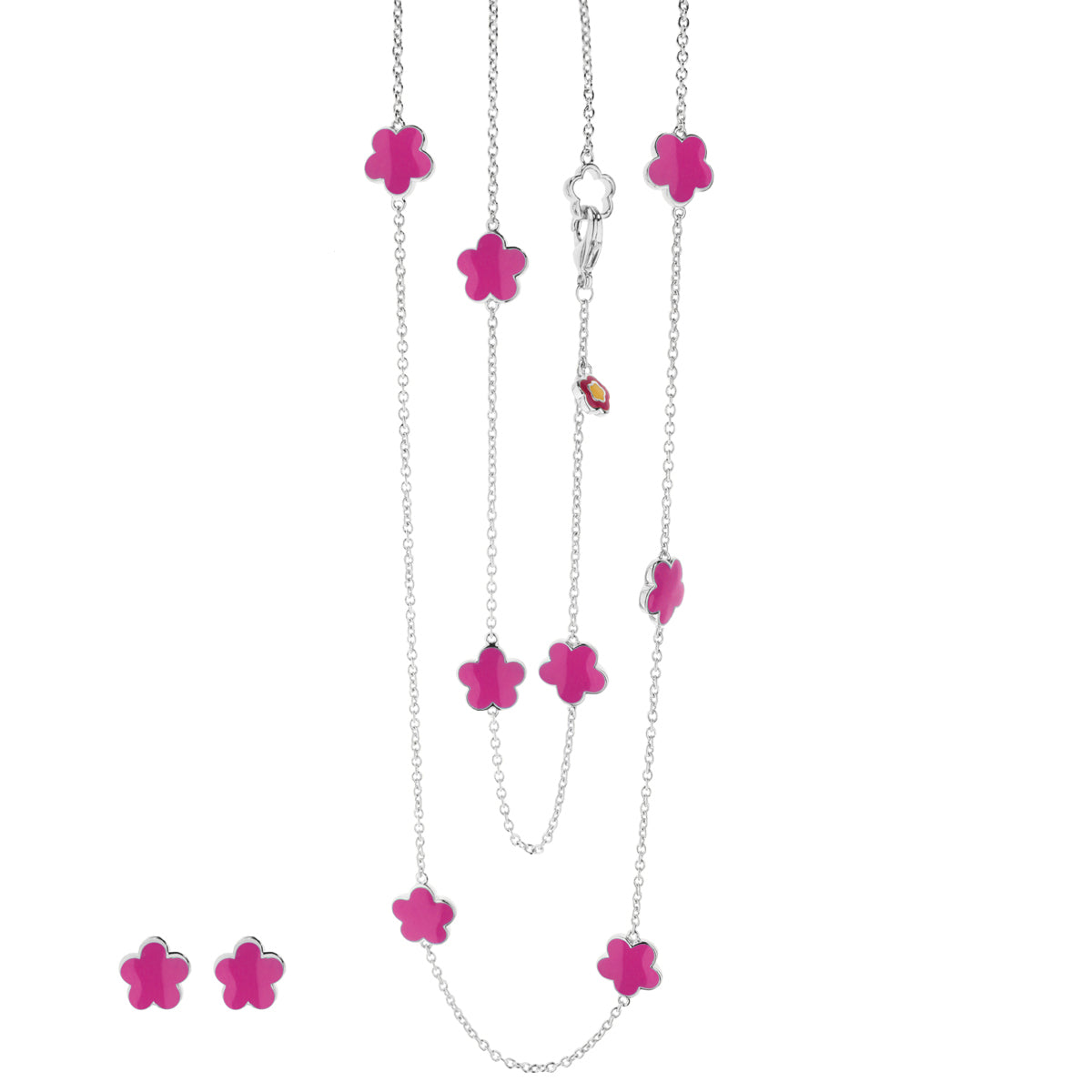 Daisy Love necklace & earrings set with pink enamel daisies on silver chains on Tampa Home & Garden Store