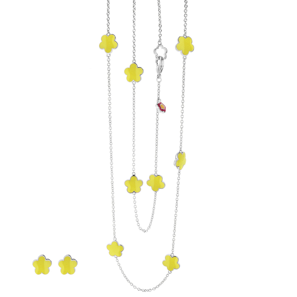Black Enamel Daisy Love necklace & earrings set with yellow daisies on silver chains on Tampa Home & Garden Store