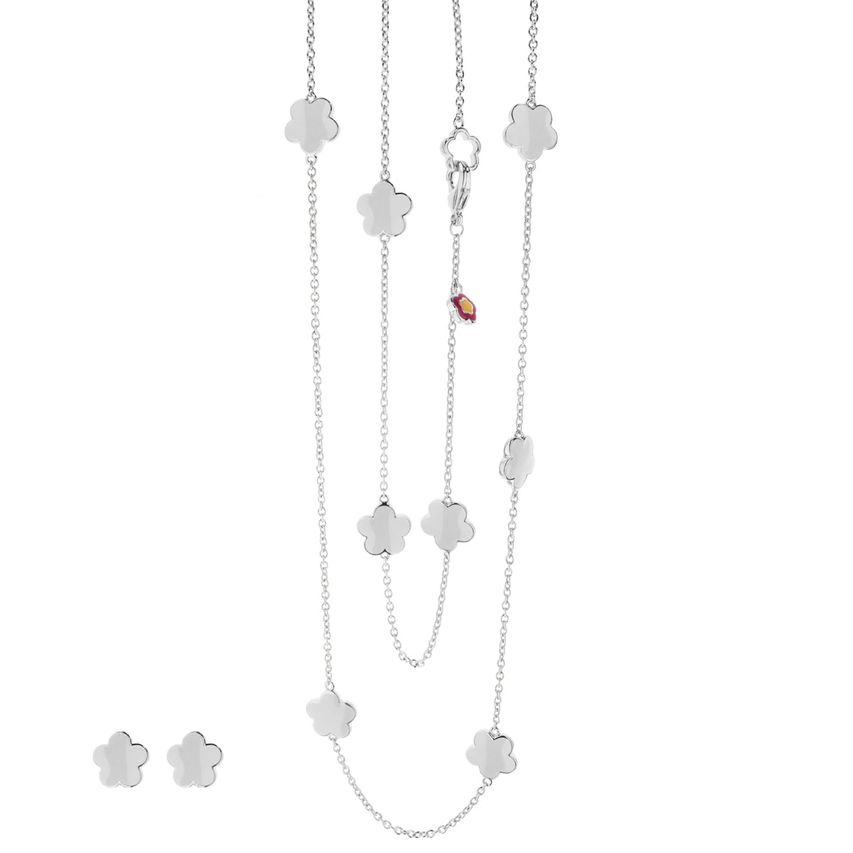 Black Enamel Daisy Love jewelry set with daisy charms on silver chains; includes earrings on Tampa Home & Garden Store