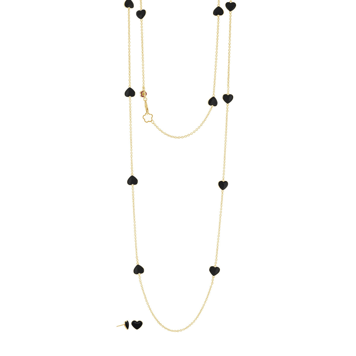 Lots of Love Necklace & Earring by Lauren G Adams with gold-tone chains and black hearts on Tampa Home & Garden Store