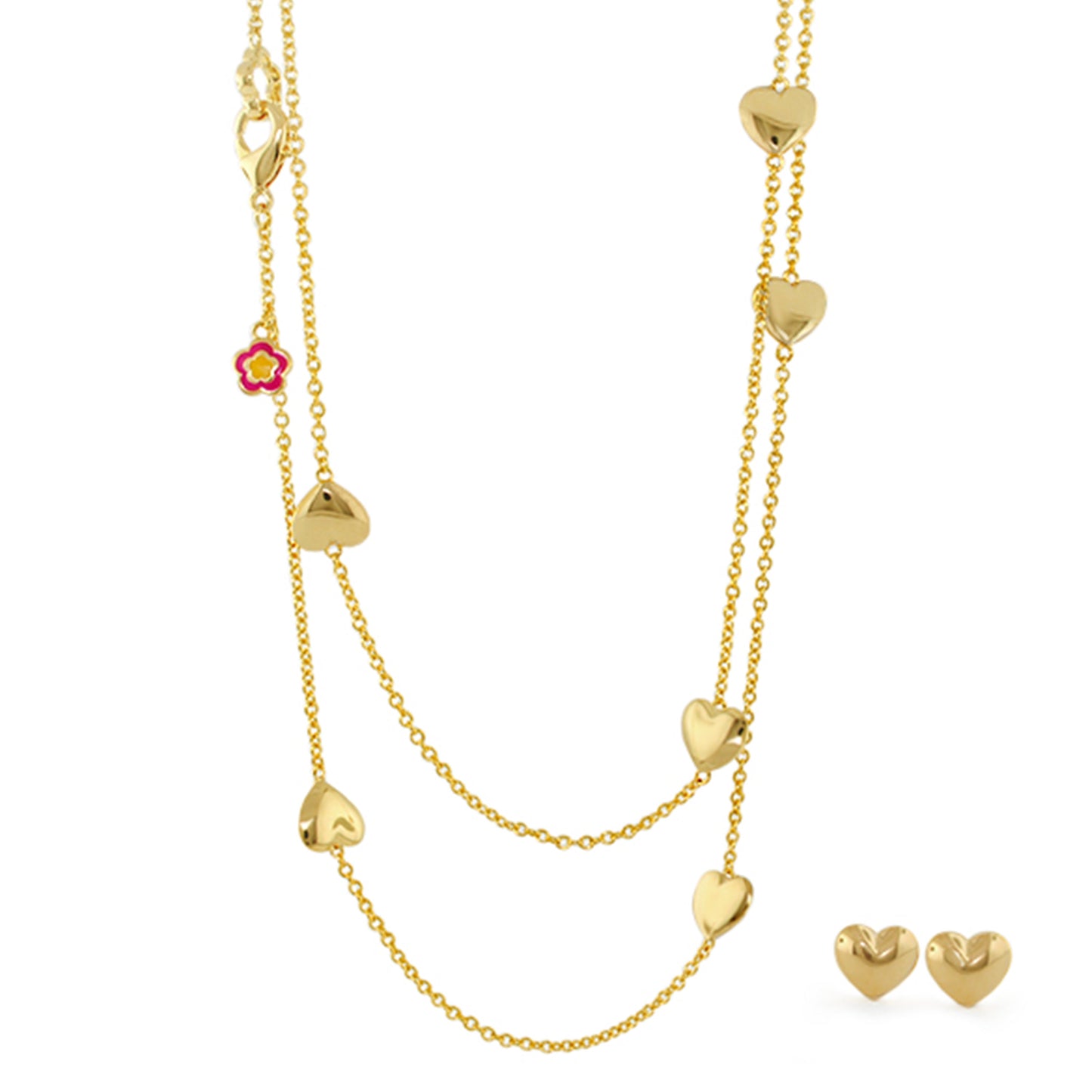 Lots of Love Necklace & Earring Set with gold-tone hearts and pink flower accent, chains on Tampa Home & Garden Store