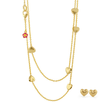 Lots of Love Necklace & Earring Set with gold-tone hearts and pink flower accent, chains on Tampa Home & Garden Store