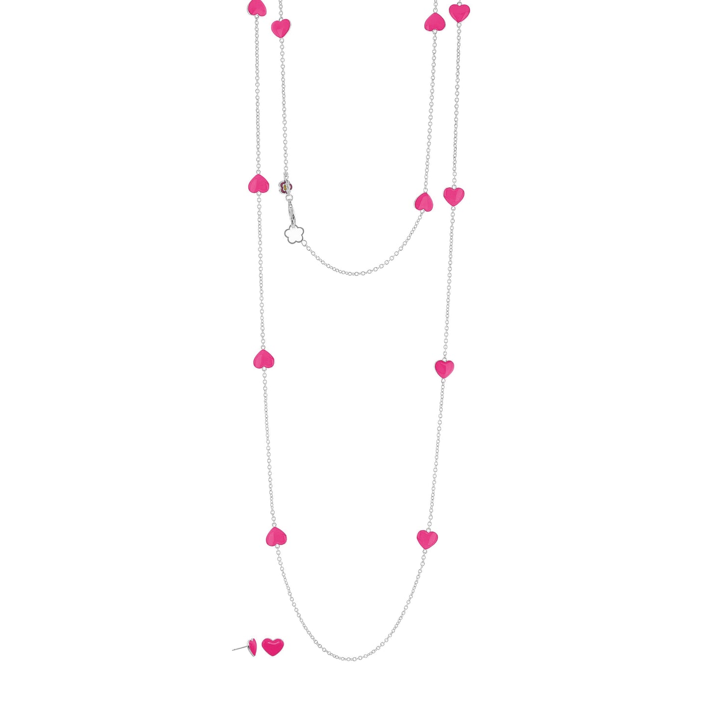 Lots of Love necklace & earrings set—pink enamel hearts on silver-tone chain with pink studs on Tampa Home & Garden Store