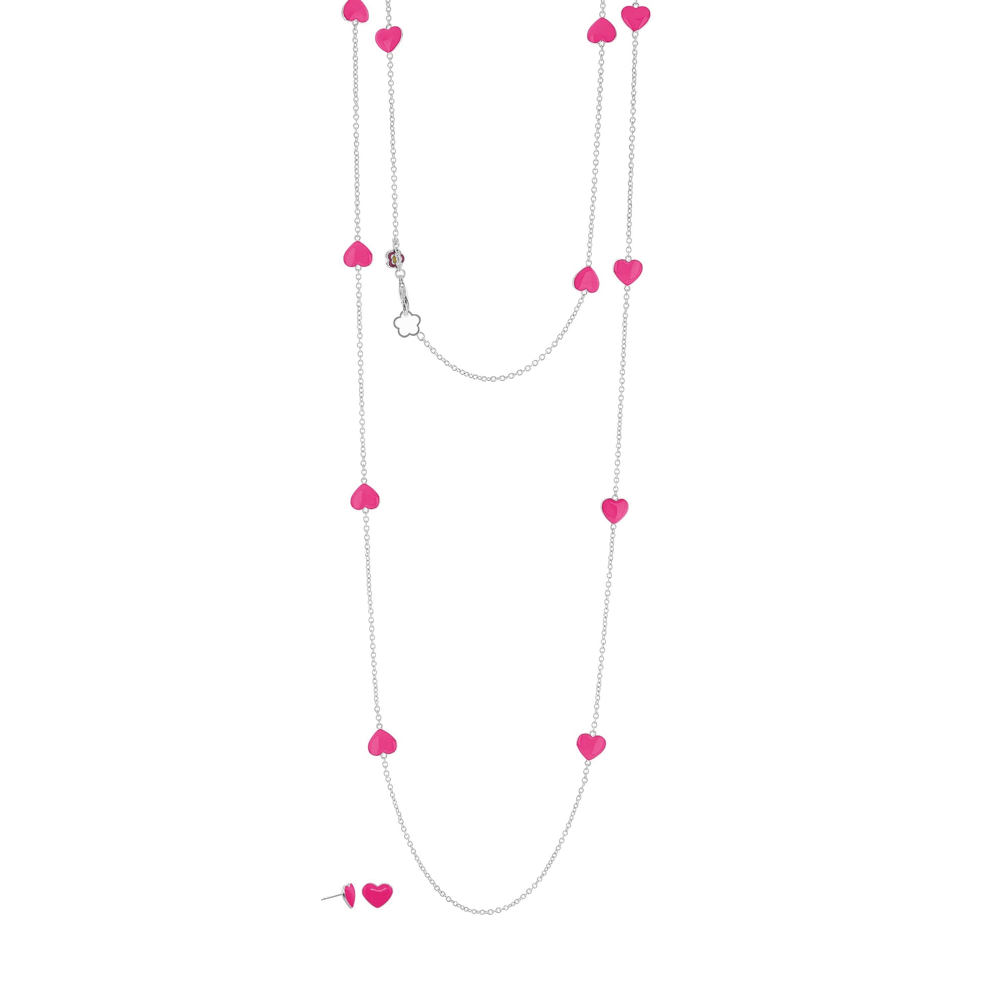 Lots of Love necklace & earrings set—pink enamel hearts on silver-tone chain with pink studs on Tampa Home & Garden Store