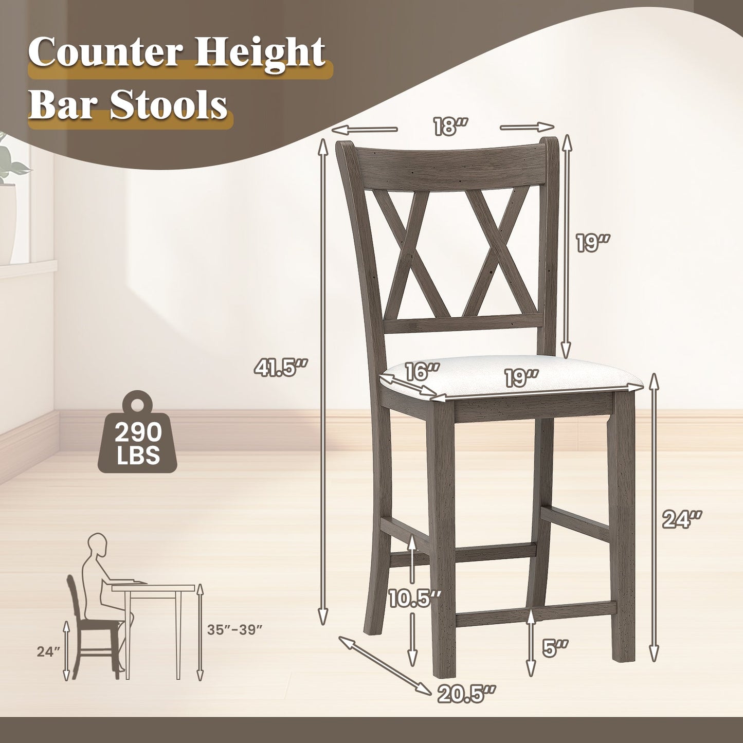 Juego de 2 Taburetes de Bar con Respaldo Cruzado y Asiento Tapizado en Tela de Lino-Beige