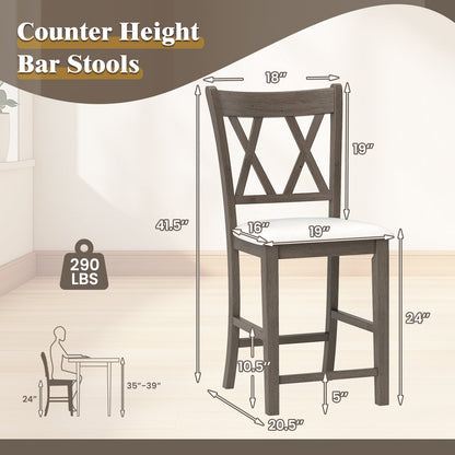 Juego de 2 Taburetes de Bar con Respaldo Cruzado y Asiento Tapizado en Tela de Lino-Beige