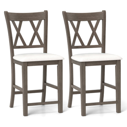 Juego de 2 Taburetes de Bar con Respaldo Cruzado y Asiento Tapizado en Tela de Lino-Beige