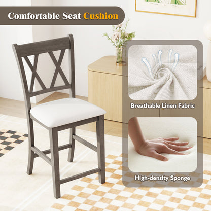 Juego de 2 Taburetes de Bar con Respaldo Cruzado y Asiento Tapizado en Tela de Lino-Beige