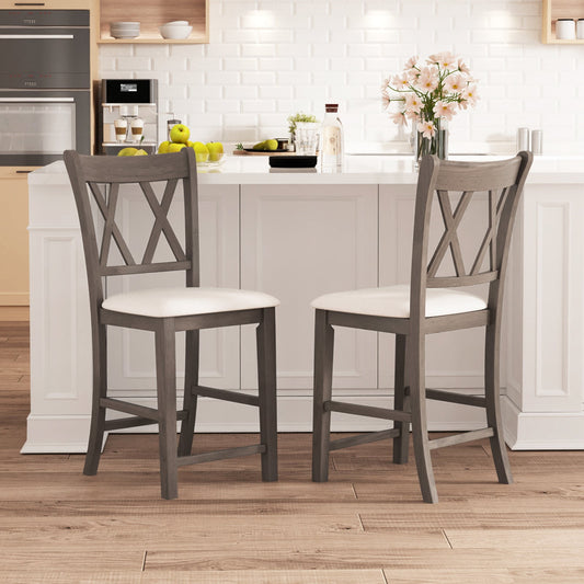 Set of 2 Bar Stools with Cross Back and Linen Fabric Upholstered Seat-Beige - Tampa Home & Garden Store