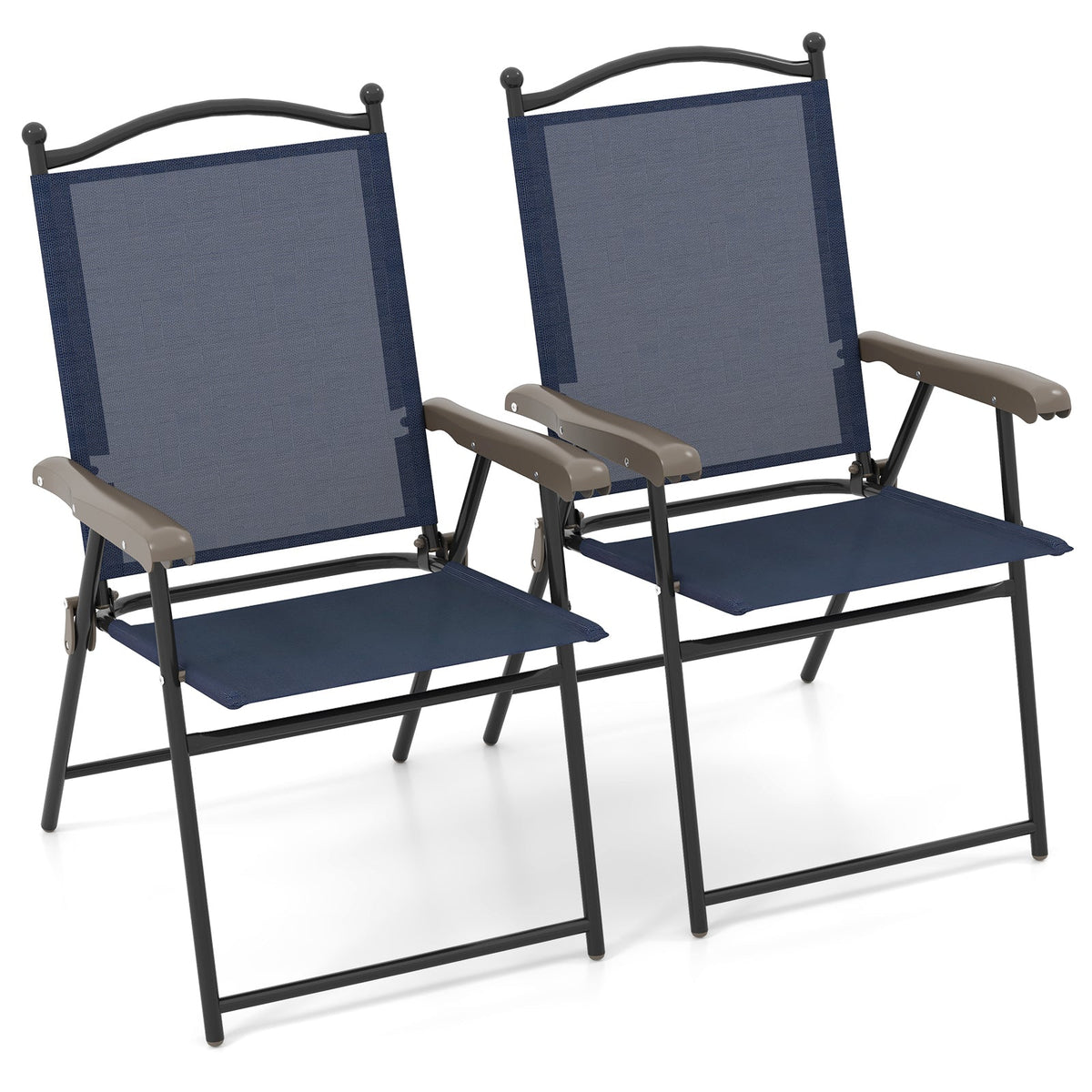 Set of 2 patio folding sling back chairs by GemGear in navy fabric with beige armrests on Tampa Home & Garden Store