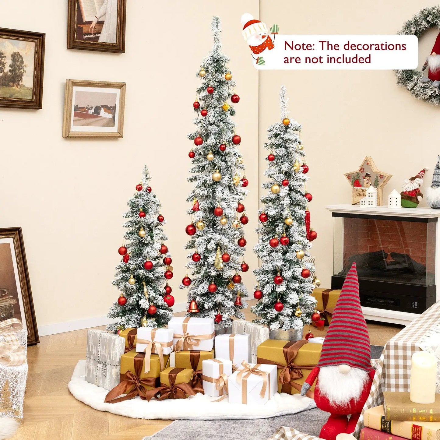 Set of 3 pre-lit snow-flocked artificial Christmas trees with 423 branch tips red gold ornaments on Tampa Home & Garden Store