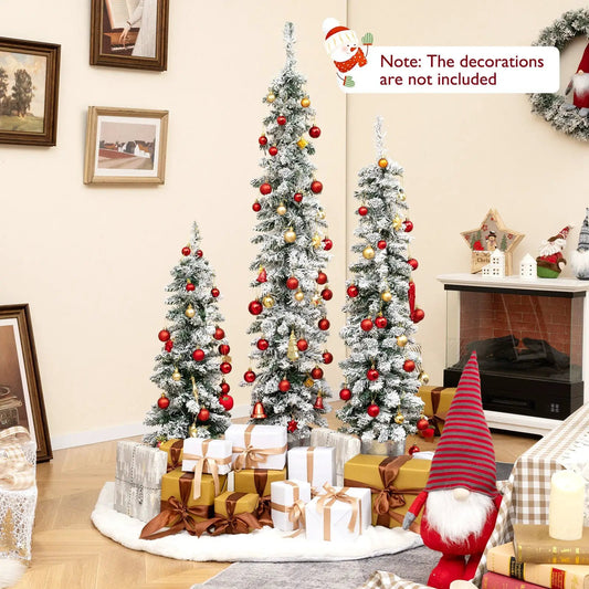 Set of 3 pre-lit snow-flocked artificial Christmas trees with 423 branch tips red gold ornaments on Tampa Home & Garden Store
