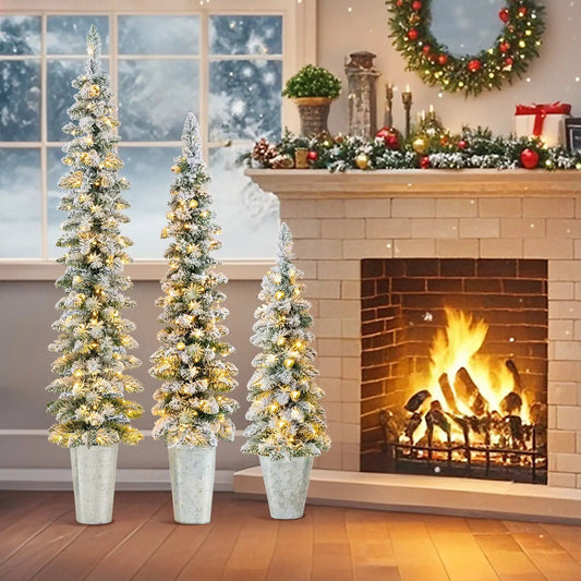 Three snow-flocked pre-lit artificial Christmas trees with 423 tips in metal pots DirectDeals on Tampa Home & Garden Store