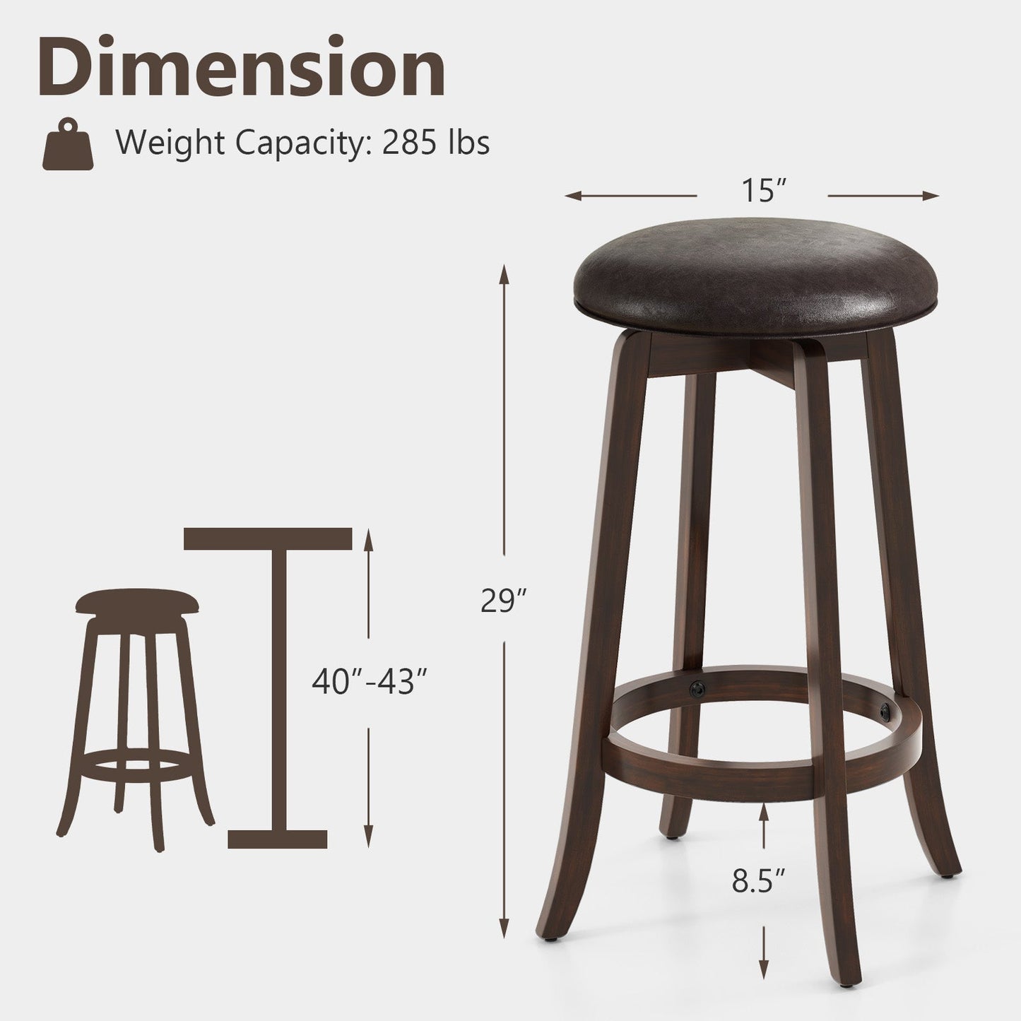 Juego de 2 taburetes de bar tapizados de piel sintética de 24/29 pulgadas con asiento redondo giratorio 360° - 29 pulgadas
