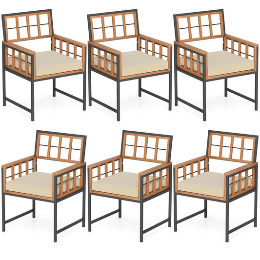 Set of 6 Patio Dining Chairs Acacia Wood Armchairs with Cushions - Tampa Home & Garden Store