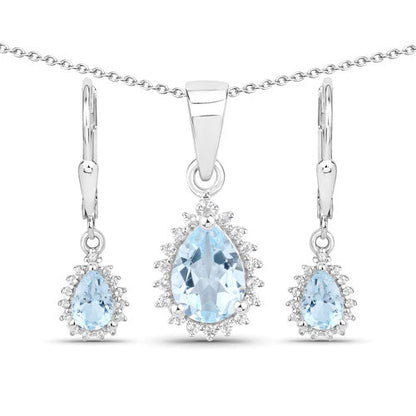Sterling silver jewelry set with blue topaz drop and white topaz halos, necklace and earrings on Tampa Home & Garden Store