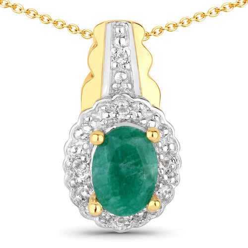 Sterling silver pendant with oval dyed emerald and white topaz halo on gold-tone bail and chain on Tampa Home & Garden Store