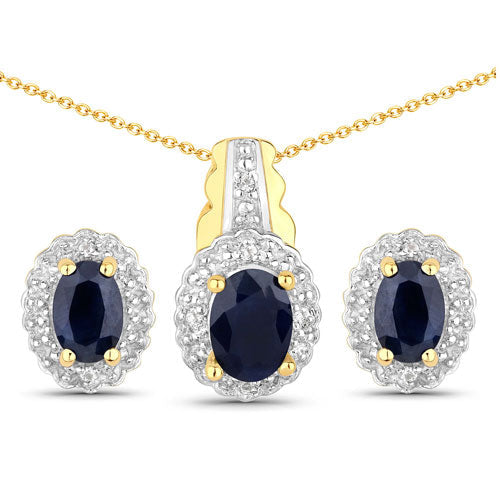 Blue sapphire jewelry set: pendant with white topaz halo & earrings in gold-silver on Tampa Home & Garden Store