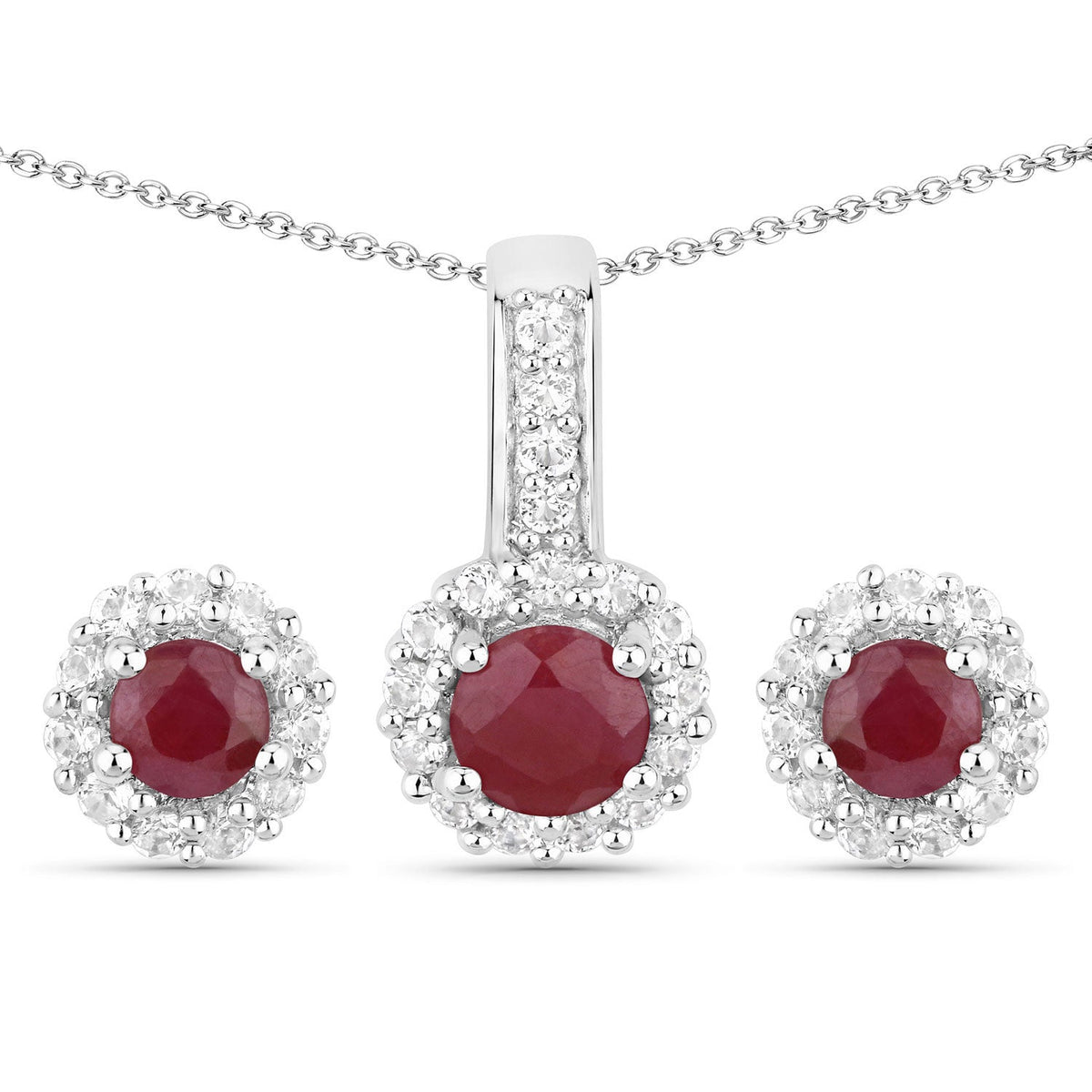 Sterling silver jewelry set with ruby centers and white topaz halos, pendant and earrings on Tampa Home & Garden Store