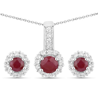 Sterling silver jewelry set with ruby centers and white topaz halos, pendant and earrings on Tampa Home & Garden Store