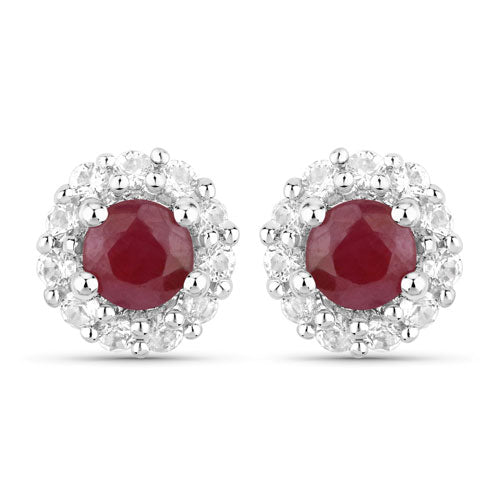 Pair of ruby halo stud earrings in 925 sterling silver with red rubies and white topaz on Tampa Home & Garden Store