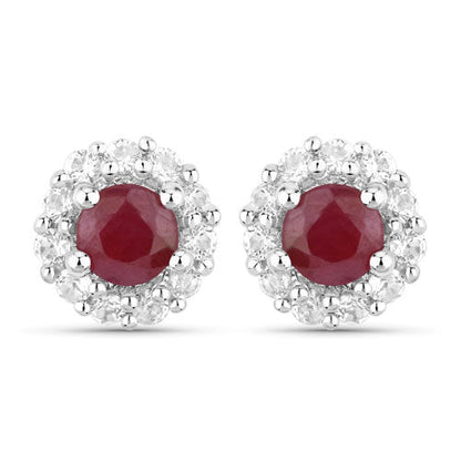 Pair of ruby halo stud earrings in 925 sterling silver with red rubies and white topaz on Tampa Home & Garden Store