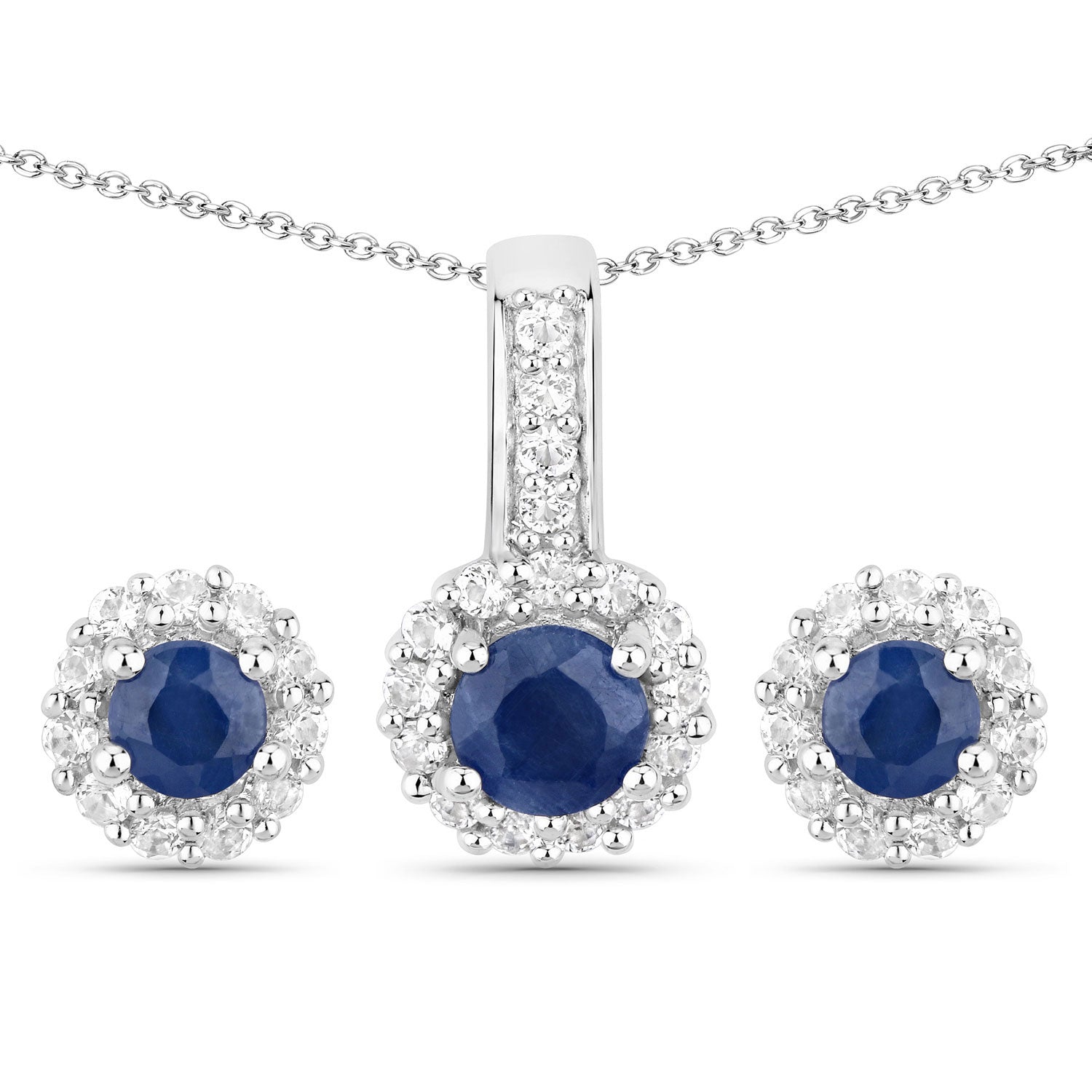2.17ct Blue Sapphire jewelry set: white topaz halo pendant; .925 silver chain and earrings on Tampa Home & Garden Store