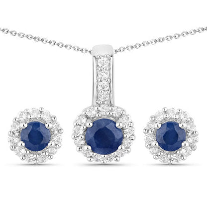 Sterling silver jewelry set with blue sapphire and white topaz halos; pendant and two earrings on Tampa Home & Garden Store