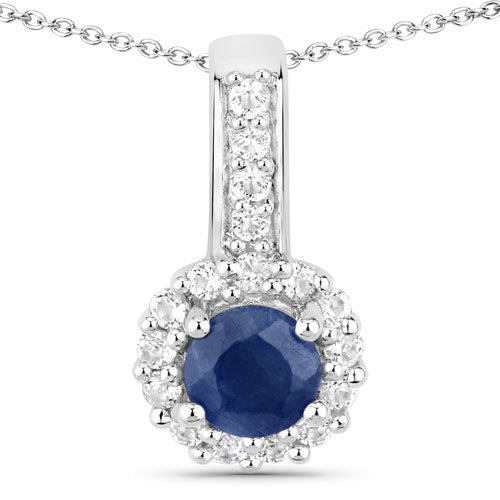 2.17 Carat blue sapphire pendant necklace in .925 sterling silver with white topaz halo on chain on Tampa Home & Garden Store