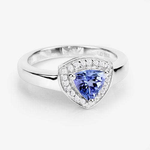 Sterling silver ring with 0.87ct triangular tanzanite center surrounded by white topaz halo on Tampa Home & Garden Store