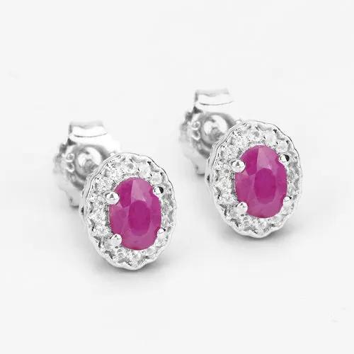 Sterling silver ruby & white topaz stud earrings pair by Bids.com, oval rubies with halo on Tampa Home & Garden Store