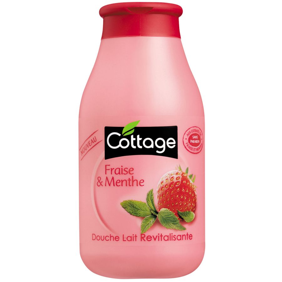 Shower gel Cottage Fraise & Menthe 250ml pink bottle with strawberry mint illustration on Tampa Home & Garden Store