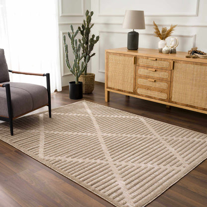 Anah Tan Outdoor Rug by Boutique Rugs, tan woven rug in a living room setup on Tampa Home & Garden Store