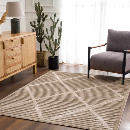 Anah Tan outdoor rug by Boutique Rugs, beige/tan woven with striped chevron pattern on Tampa Home & Garden Store