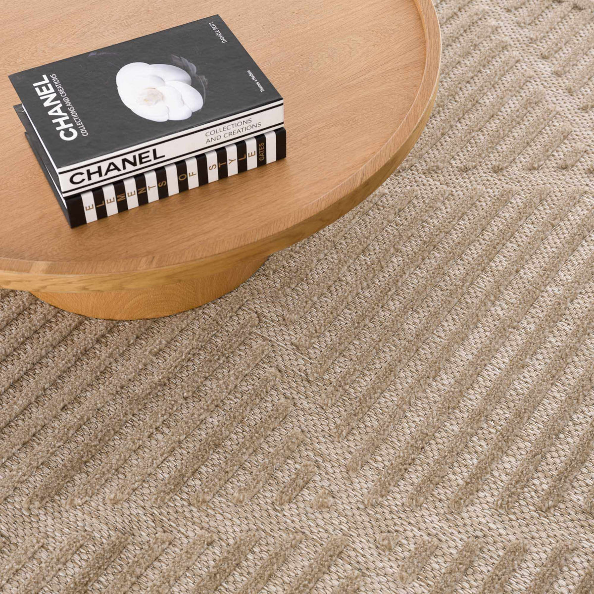 Anah Tan Outdoor Rug on beige textured carpet with round wooden table and Chanel books on Tampa Home & Garden Store