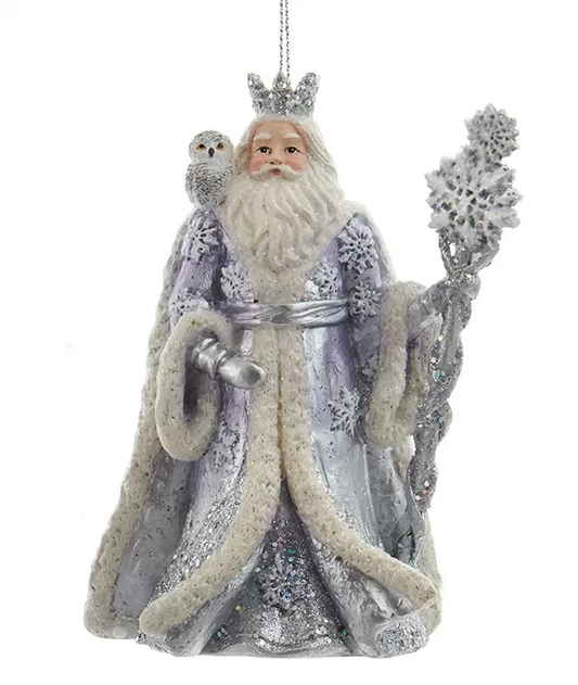Père Noël bleu lavande et argent avec hibou