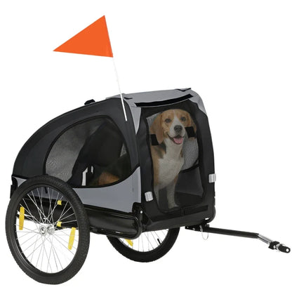 Dog bike trailer for medium dogs with mesh sides, grey/black fabric and orange flag on Tampa Home & Garden Store