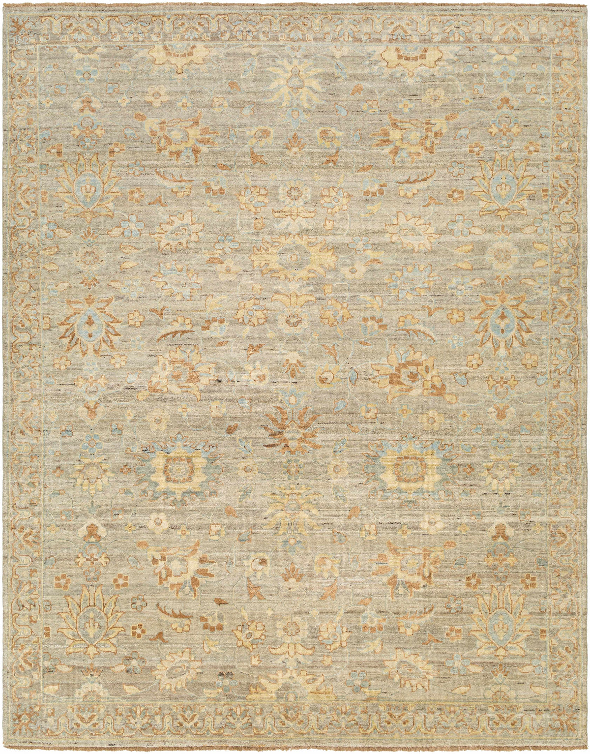 Tan Afia Area Rug by Boutique Rugs, gray field with tan, ivory, and pale blue floral motifs on Tampa Home & Garden Store