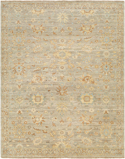 Tan Afia Area Rug by Boutique Rugs, gray field with tan, ivory, and pale blue floral motifs on Tampa Home & Garden Store